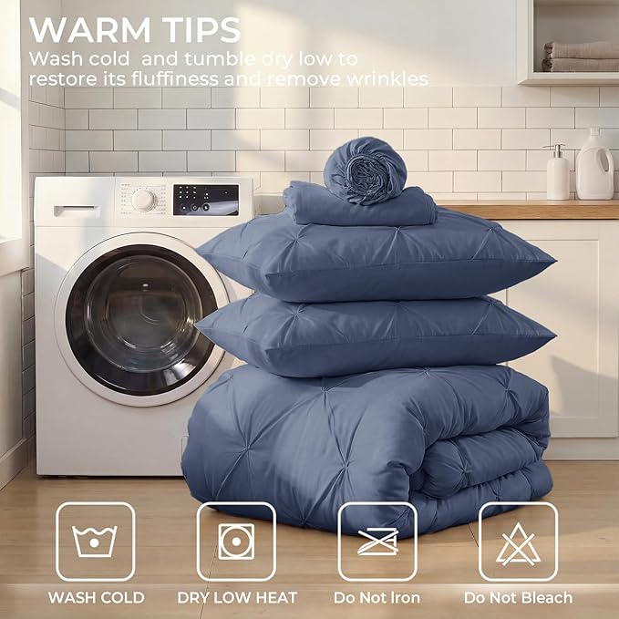 Sasttie Twin Comforter Set, 5-Piece Bed in a Bag, Pintuck Bedding Sets for All Season, Includes Comforter, Flat Sheet, Fitted Sheet, Pillowcase and Pillowsham, Indigo Blue