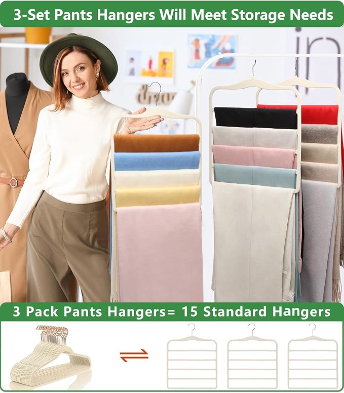 Pants Hangers Space Saving,Organization and Storage for Dorm Room Essentials for College Students Girls,Non-Slip Velvet Hangers,Multifunctional Pant Hanger Closet Organizer for Trousers Scarf-3 Pack - Image 3