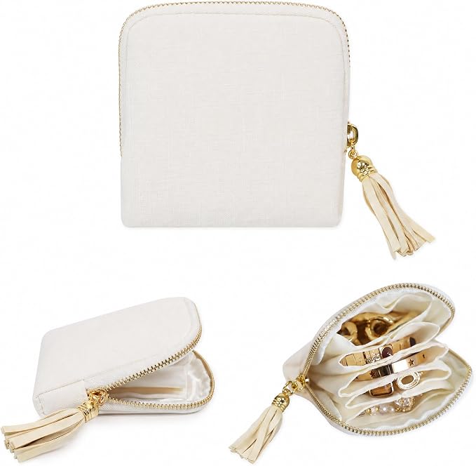 Stratalife Travel Jewelry Case Organizer for Women Portable Jewelry Box with Small Pouches for Gemstones Healing Crystal Bracelets, Necklace Bangles Storage, Pendants Ring Holder Zipper, White Tassel by Stratalife
