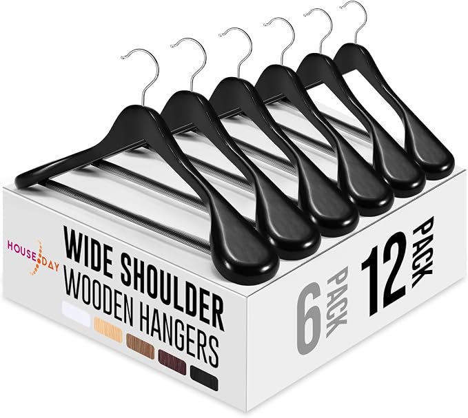 HOUSE DAY Wide Shoulder Wooden Hangers 12 Pack, Wood Suit Hangers for Men with Non Slip Pants Bar, Smooth Finish Solid Wood Coat Hangers for Jacket, Pants, Dress, Heavy Clothes Hangers (Black) by HOUSEDAY