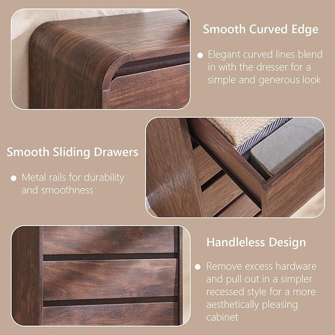 Aitjunz Modern 5 Drawers Dresser for Bedroom, 45" Tall Dressers & Chests of Drawers w/Curved Profile Design, Wood Mid Century Vertical Dresser w/Natural Texture for Bedroom, Living Room, Brown