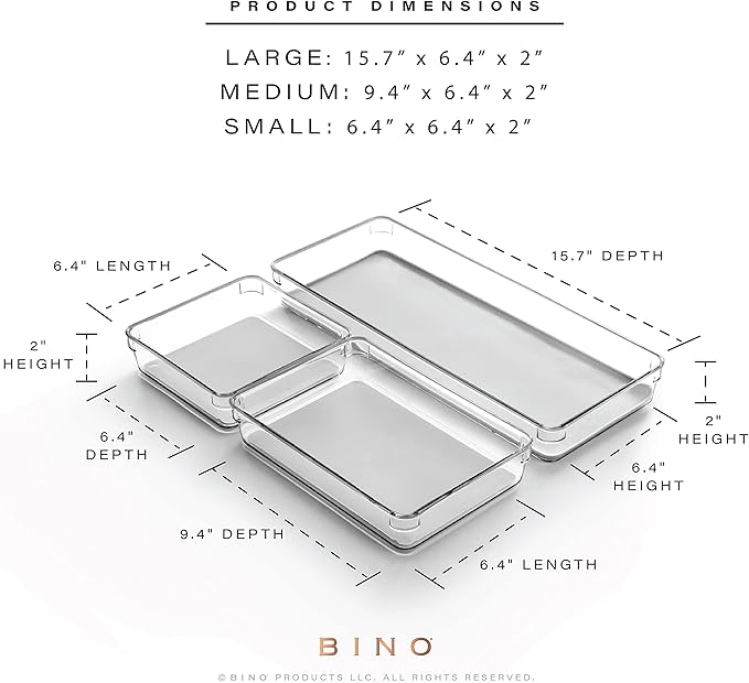 BINO | 3-Piece Drawer Organizer Bin Set - Grey, Large | THE MODULAR+ | Multi-Purpose Storage | Soft-Grip Lining and Non-Slip Rubber Feet | Durable | BPA-Free | Desk Drawer Organizer | Vanity Organizer - Image 3