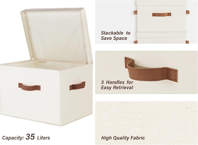 StorageWorks Fabric Storage Bins with Lid, Decorative Storage Boxes for Shelves, Stackable Closet Organizer Basket with Handles, Jumbo, Ivory White, 2-Pack - Image 3