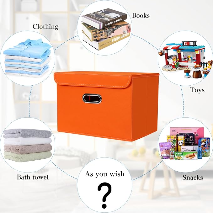 STOREONE Fabric Storage Cube Bins Foldable Organizer Container Collapsible Basket with Lids and Metal Handles, for Home, Bedroom, Closet 3 Pcs (Orange) - Image 3