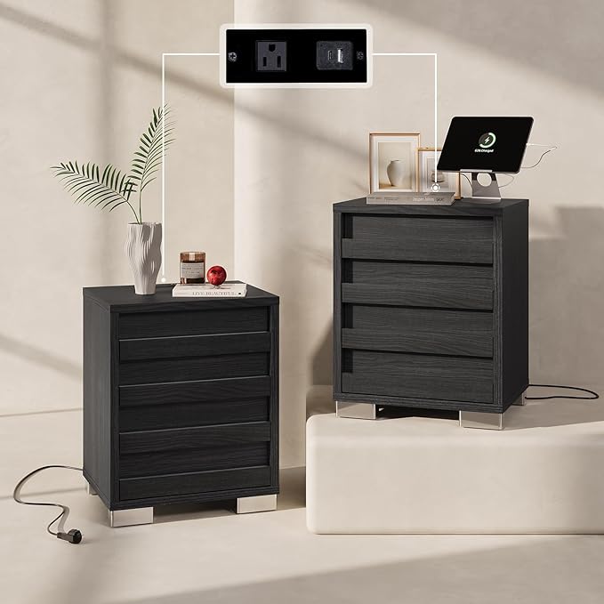 LUXOAK 3 Pcs Bedroom Furniture Sets - Includes Farmhouse Full Size Bed Frame with 49" Tall Headboard and Nightstand Sets of 2 with Charging Station, Slated Handles & Stainless Steel Feet, Black