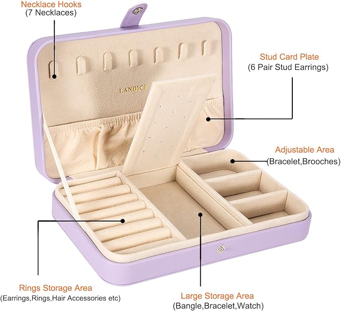 LANDICI Small Jewelry Box for Women Girls, PU Leather Travel Jewelry Case, Portable Jewelry Organizer Storage Holder Display for Ring Earrings Necklace Bracelet Bangle Men Kids Gift, Lavender - Image 3