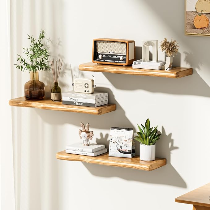 Floating Shelves for Wall 24 Inch Wooden Floating Shelves Live Edge Shelf with Unique Natural Grain Wall Mounted Rustic Pine Wood Shelf for Living Room Bedroom Kitchen Bathroom (Natural) - Image 2