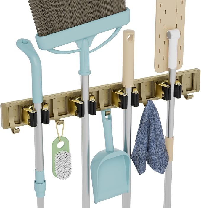 reliahom Broom Holder Wall Mount, 4 Racks with 5 Hooks Bronze - Mop Storage Tool Racks, Broom Hanger Tool Organizer for Garage, Kitchen, Garden, Laundry Room by reliahom