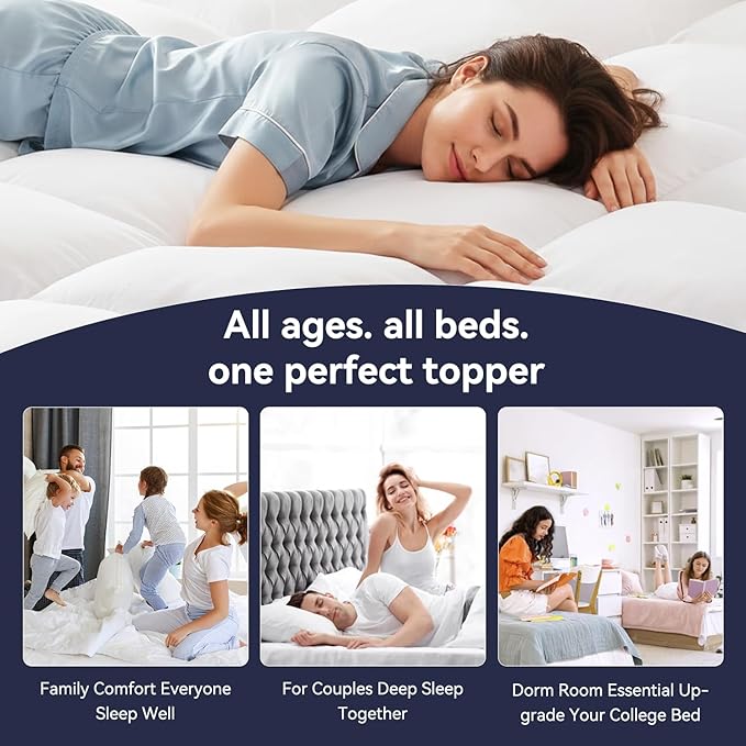 Topllen Queen Mattress Topper for Back Pain Relief – Extra Thick Pillow Top Plush Mattress Pad with Deep Pocket, Soft Pillowtop Queen Size Bed Toppers Filled Fluffy Down Alternative, White