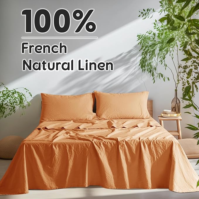 SONORO KATE 100% French Pure Linen Sheets, Breathable and Durable Linen King Size Sheets, Anti-Tear Linen Bed Sheets, Machine Washable, 16 Inch Deep Pocket - 4 Piece (Orange, King)