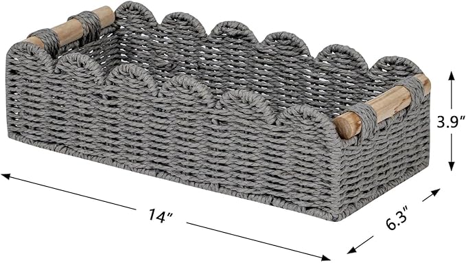 CubesLand Scalloped Edge Toilet Paper Storage Basket, Living Room Home Cozy Decor Basket, Paper Rope Small Baskets for Over Toilet Storage Shelf, End Table, Shelves, with 2 Wooden Handles, Grey - Image 5