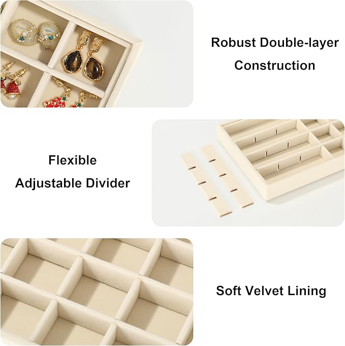 Frebeauty 24 Grid Earring Holder Organizer Tray, Jewelry Organizers and Storage for Drawer,Velvet Jewelry Display Storage for Earrings,Rings,Studs,10.5 x 6.5 x 1.2 Inches Gift for Women (Beige) - Image 4