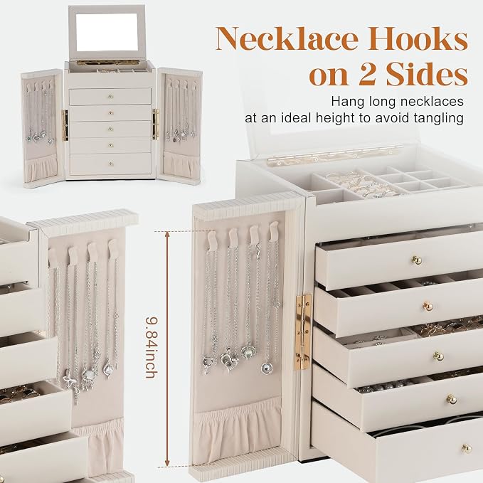 Dajasan Large Jewelry Organizer Box, Jewelry Boxes for Women Girls, 6-Tier Jewelry Storage Organizer with Mirror for Necklace Ring Bracelet Watch, Gift Idea (Beige) - Image 2