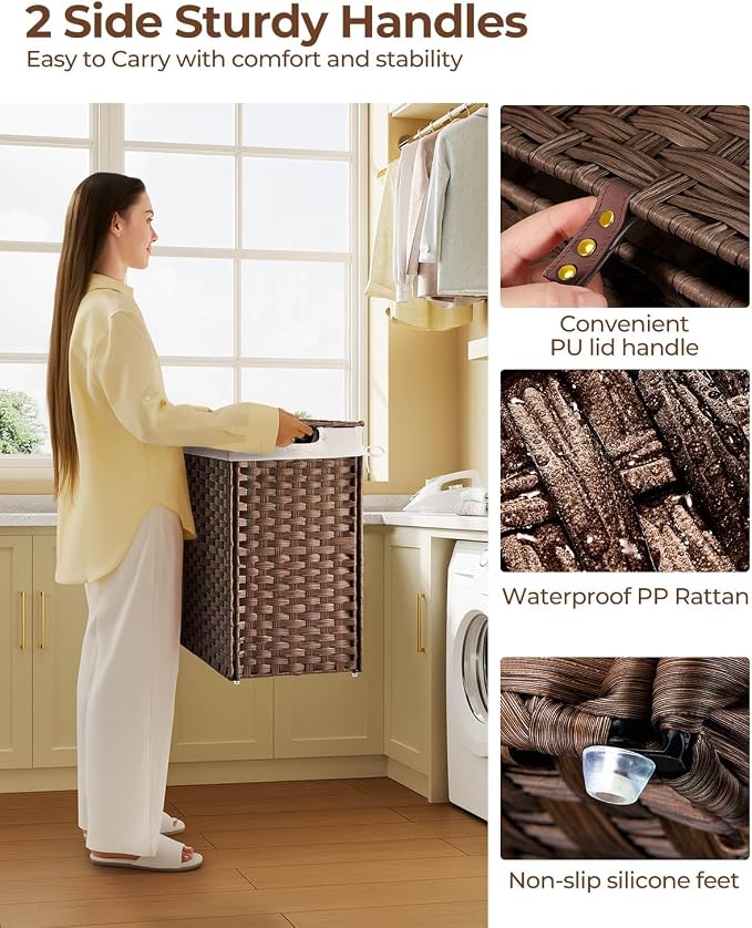 Greenstell Laundry Hamper with lid, No Install Needed, 130L Wicker Laundry Baskets Foldable 2 Removable Liner Bags, 2 Section Clothes Hamper Handwoven Rattan Laundry Basket with Handles, Brown - Image 3