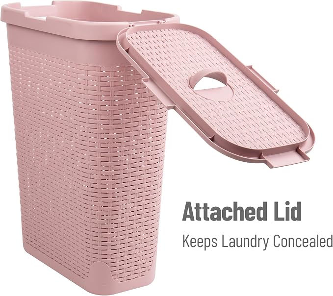 Mind Reader Slim Laundry Hamper with Lid, 40L Clothes Basket, Narrow Tapered Design with Ventilated Cutout Pattern, Plastic, Pink - Image 5