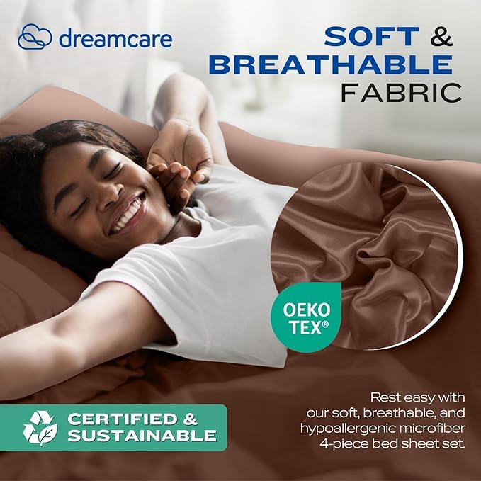 DREAMCARE Twin XL Sheet Sets - 4 pcs Breathable Cooling Bed Sheets - up to 15" Deep Pocket Twin XL Sheets Set with Side Pockets - Extra Soft 100% Brushed Hypoallergenic Hotel Luxury Bedding MochaBrown