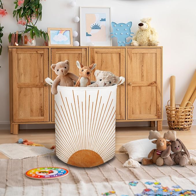 Boho Laundry Basket, Mid Century Modern Boho Terracotta Sun Sunshine Waterproof Collapsible Laundry Hamper Dirty Clothes Storage Toy Bin Organizer for Bathroom Bedroom Nursery Girls Kids Room - Image 5