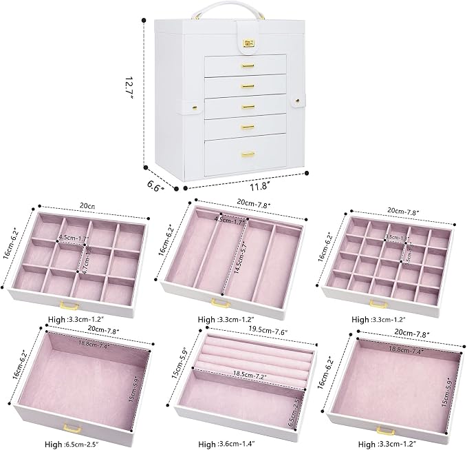 AKOZLIN Extra Large 6-Tier Jewelry Box Organizer with Mirror, 5 Drawers Leather Jewelry Storage Case for Women Girls Ring Necklace Earring Bracelet White - Image 3