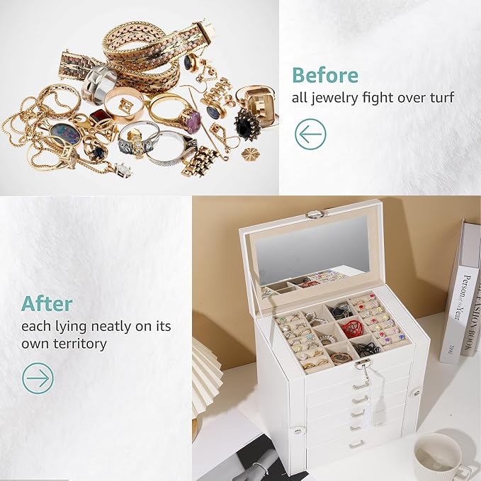 BOOVO Jewelry Box For women, 6 Layer Large Jewelry Organizer With Mirror, Multi-Function Storage Box With Lock, Accessory Holder With 5 Drawers, For Earrings Necklace Ring Bracelet (White) - Image 6