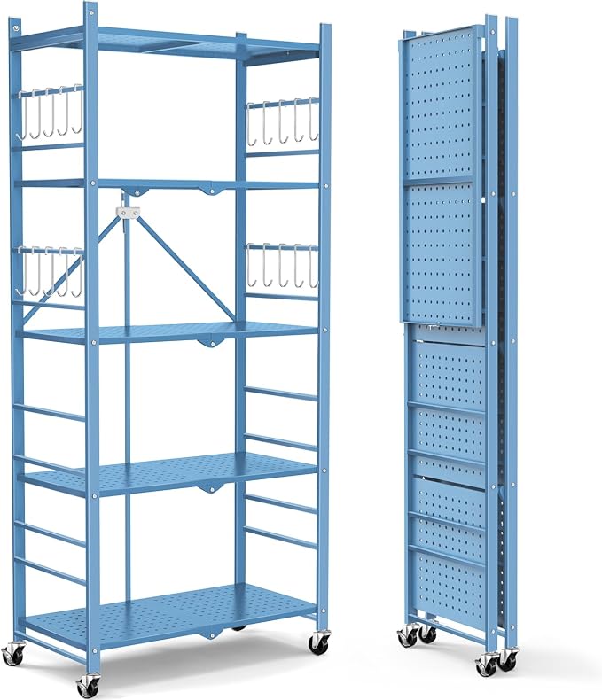 Himix Storage Shelves with 20 Hooks, 5-Tier Foldable Shelf for Storage, Folding Shelf Unit Pantry Shelves with Wheels, Standing Shelving Unit for Kitchen Garage Home Office Room Greenhouse, Blue by Himix
