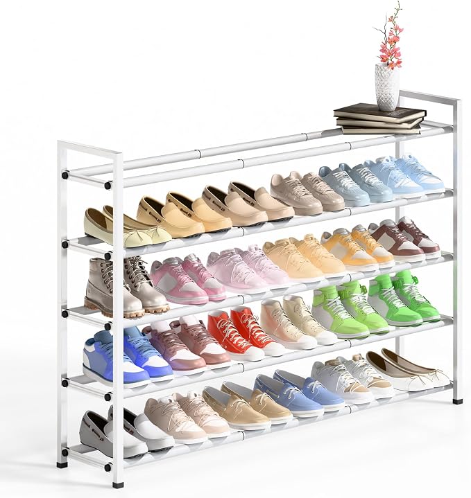 Bumusty 5-Tier Long Expandable Shoe Rack for Closet, 18"-44" Adjustable Shoe Rack for Entryway, 25-30 Pairs Large Shoe Organizer Shelf Storage, Sturdy Metal, White by BUMUSTY