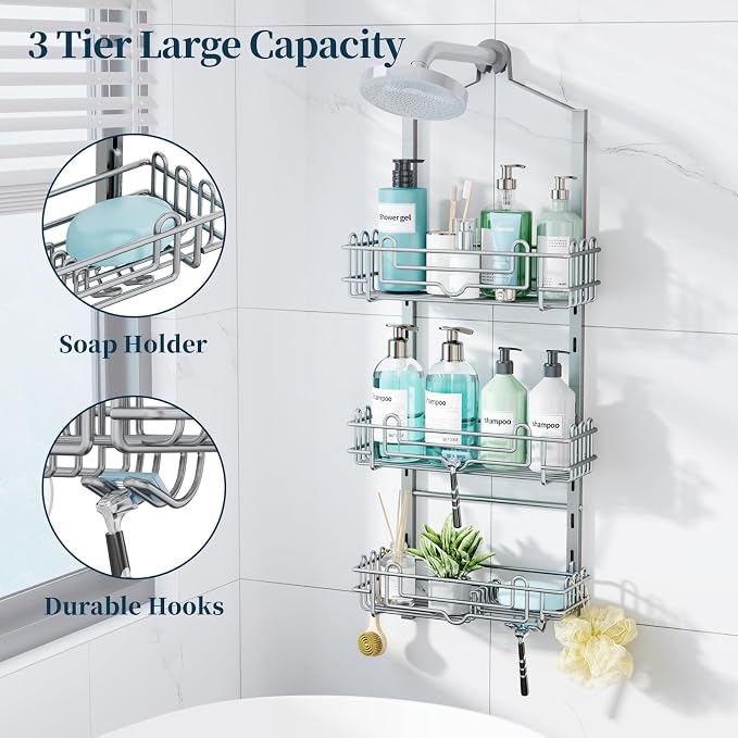 Consumest Shower Caddy Hanging – Rustproof Over Shower Head Hanger with Soap Holder and Hooks, Anti-Slip Shower Shelves for Storage, Bathroom Organizer for Apartment, Dorm, Silver - Image 3