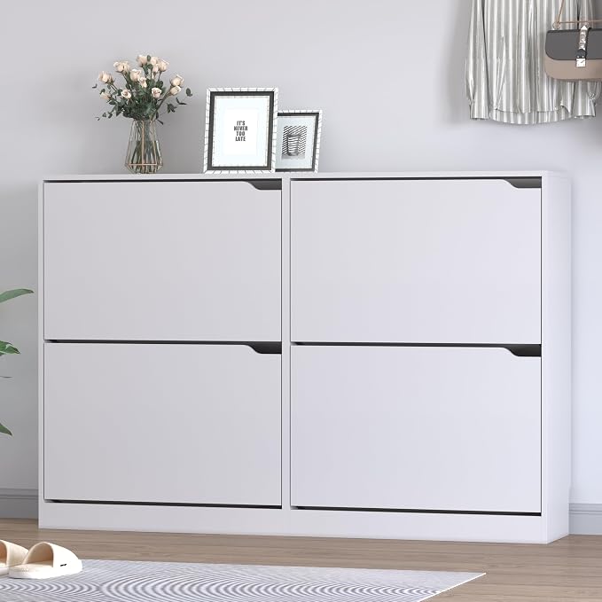 BORNOON Shoe Cabinet with 4 Flip Drawers, Narrow Hidden Shoe Storage Cabinet, Slim Freestanding Shoe Rack Organizer for Entryway, Hallway, Bedroom, Living Room - Image 3
