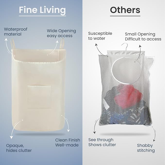 The Fine Living Co. Hanging Laundry Hamper with Over Door Hooks & Adhesive, Durable Space Saving Laundry Bag with Zipper and Wide Open Top, Hanging Dorm Laundry Hamper 18"x4.75"x28" (Beige-L) - Image 6