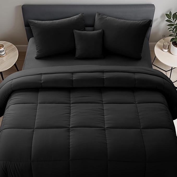 LUX Décor 5pc Queen Comforter Set, All-in-One Bed in a Bag, Includes 1 Comforter, 2 Pillow Shams, 1 Decorative Pillow & 1 Bed Skirt (Black, Queen)