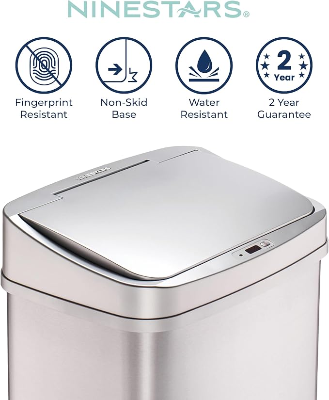 Ninestars 13 Gallon Automatic Trash Can, 50L Touchless Motion Sensor Garbage Can with Odor-Sealing Lid, Rectangular Stainless Steel, Silver Trim - Image 4