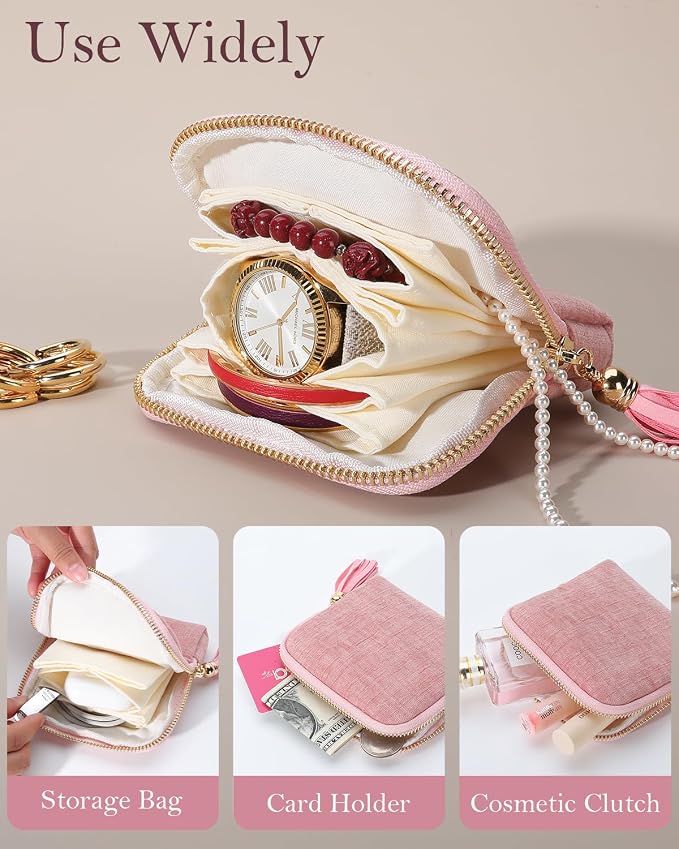 COOLYOUTH Travel Jewelry Case Organizer for Women Portable Jewelry Box with Small Pouches Mini Jewelry Bag for Rings, Bracelets, & Bangles with Smooth Metal Zipper (Pink) - Image 5
