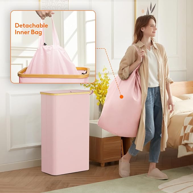 Lifewit 75L Slim Laundry Hamper with Lid, Narrow Laundry Basket with Removable Bag & Bamboo Handles, Fodable Thin Dirty Clothes Hamper for Laundry Collapsible Bin for Bathroom Bedroom Dorm, Pink - Image 4