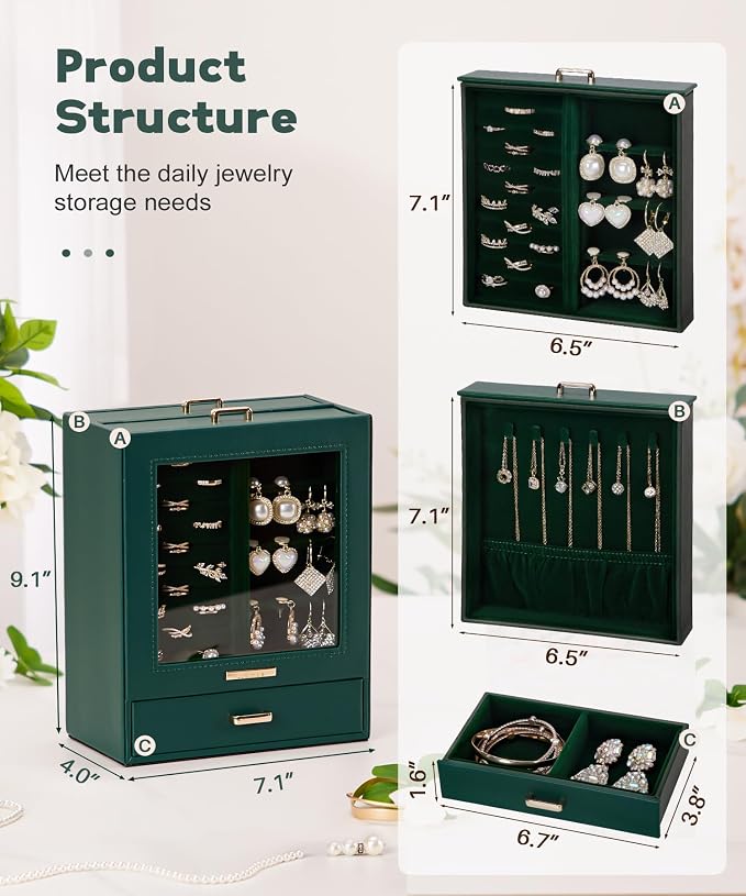 Homde Mothers Day Gifts Jewelry Organizer Girls Women Jewelry Box for Necklaces Rings Earrings Gift Bracelets Storage Case (Forest Green + Gold) - Image 3