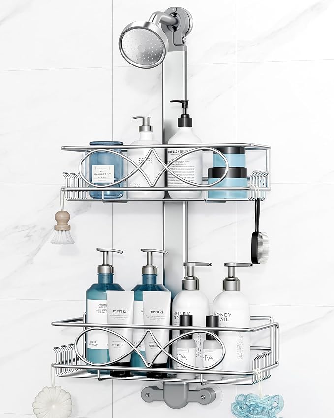 ODesign 2 Tier Stainless Steel Anodized Aluminum,Height-Adjustable Rustproof Shower Caddy Hanging Anti-Swing-Over The Shower Head Caddy-Bathroom Showe r Storage Organizer With Soap Box Holder- Sliver by ODesign