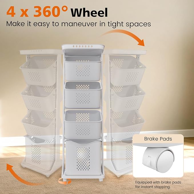 BAOKALER 4-Tier Laundry Hamper Sorter, Vertical Rolling Laundry Baskets with Wheels Removable, Stackable Laundry Cart Organizer and Storage for Small Space, Dorm, Closet, Bathroom - Image 5