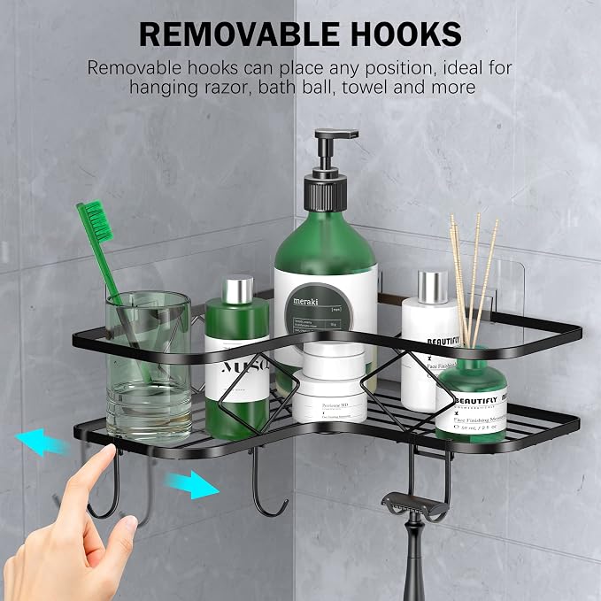 Shower Caddy, 2 Pack Corner Organizer Shelf, Rustproof Wall Mount Shower Storage Rack, No Drilling, 40 lbs Capacity (Glossy Black) - Image 3