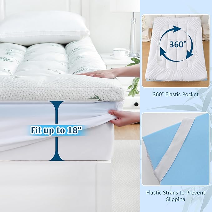 DOWNCOOL Dual Layer 4 Inch Memory Foam Mattress Topper Full – 2 Inch Gel Memory Foam & 2 Inch Pillow Top Mattress Pad, Soft & Breathable Viscose Made from Bamboo, for Back Pain Relief