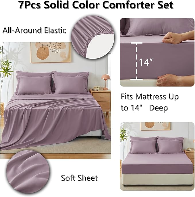 CozyLux King Size Comforter Set Dusty Purple, 7 Pieces Bed in a Bag King Comforter Set with Sheets, Luxury Bedding Sets with Down Alternative Comforter, Fitted Sheet, Flat Sheet, Pillowcases & Shams