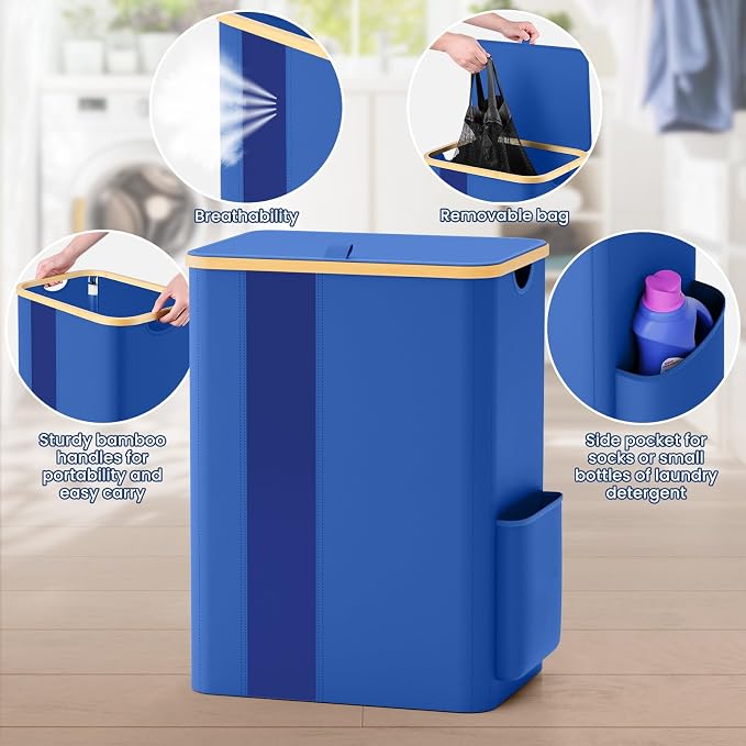 BlissTotes Laundry Basket with Lid, 80L Clothes Laundry Hamper with Handles and Removable Laundry Bag, Breathable Design Hamper with Lid for Bedroom, Bathroom, Dorm, Laundry Room - Blue - Image 4