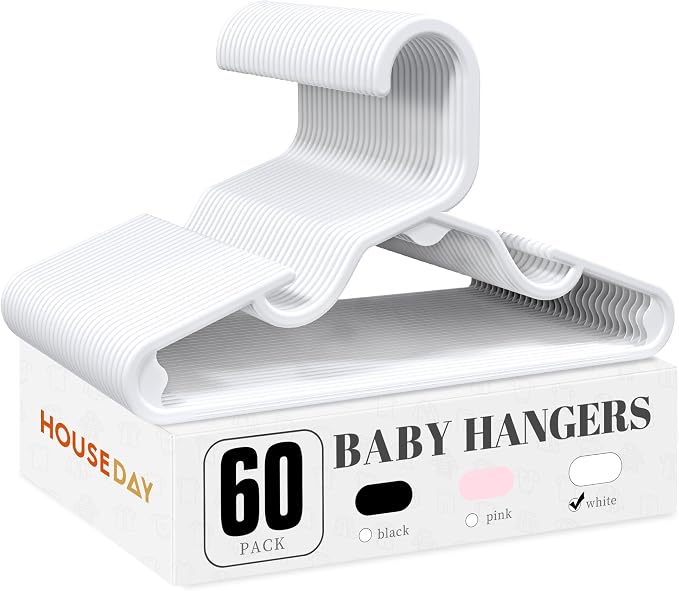 HOUSE DAY Plastic Baby Hangers for Closet 60 Pack, Durable Plastic Kids Hangers for Baby Clothes, Thin & Compact Childrens Hangers, Space Saving White Baby Hanger, Small Hanger for Kids Clothes by HOUSEDAY