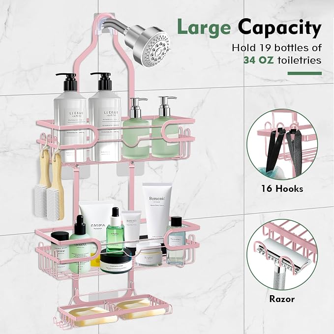 Shower Caddy Hanging, Over Head Shower Caddy Shower Storage Rack Basket with Hooks for Razor and Sponge Rustproof, No Drilling, Accessories for Bathroom and Kitchen, pink - Image 3