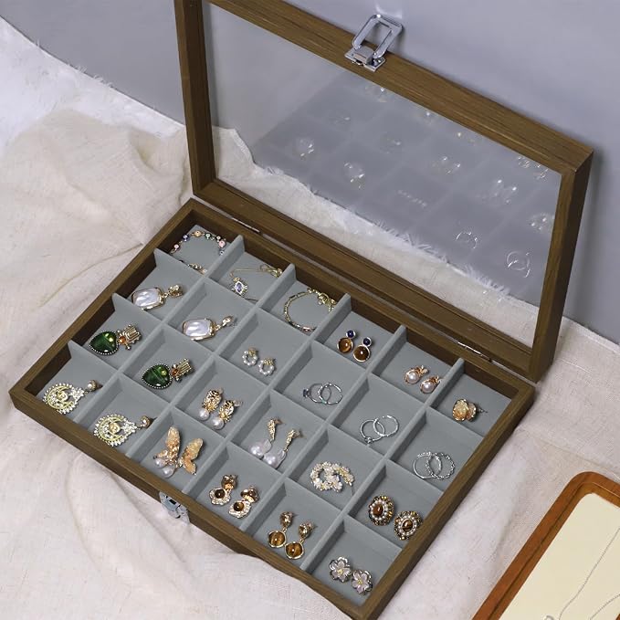 Stratalife Jewelry Organizer Vintage Jewelry Display Case Earring Box Wood Ring Storage with Lid Earrings Holder for Women Drawers 24 Grid - Image 4