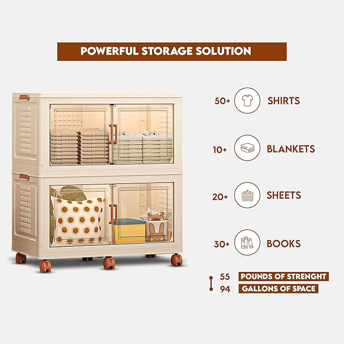 FINCHESCLUB 376QT/94Gal Large Stackable Storage Bins with Lids, Foldable Storage Bins with Doors and Wheels, Collapsible Closet Organizers for Home Office - 2 pack - Off White