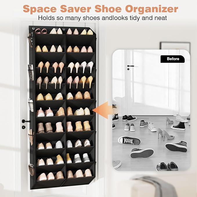LANTEFUL Over the Door Shoe Organizer, Hanging Shoe Rack for Closet Door Shoe Storage for 30 Pairs Sneaker and Boots, Large Shoe Holder for Door with 10 Side Pockets, Space Saving, Black - Image 7