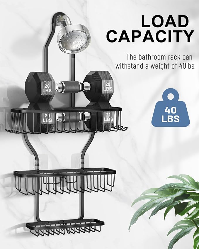 Shower Caddy Hanging - Never Rust Shower Hanging Organizer - Aluminum Over the ShowerHead Caddy with Soap Basket and 6 Hooks for Razor/Sponge (Black) - Image 6