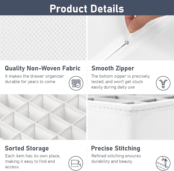 Joyoldelf Drawer Organizer 4 Pack - 2 x 24 Cell + 2 x 16 Cell Closet Organizers and Storage Dividers for Socks, Handkerchiefs, Ties, Belts (White) - Image 3