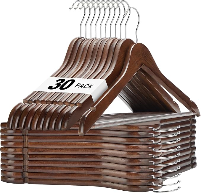 HOUSE DAY Walnut Wooden Hangers 30 Pack, Heavy Duty Wooden Coat Hanger for Closet, Solid Wood Hanger with Non Slip Pant Bar, Smooth Finish Wood Clothes Hangers for Shirts, Suits Jackets, Dress by HOUSEDAY