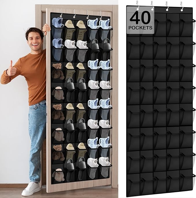 Over the Door Shoe Organizer - 40 Large Breathable Mesh Pockets, Space Saving Hanging Shoe Organizer with Metal Hooks, Hanging Shoe Rack for Men's and Women's Shoes (Black) by Unknown