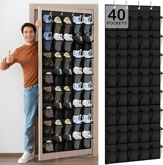 Over the Door Shoe Organizer - 40 Large Breathable Mesh Pockets, Space Saving Hanging Shoe Organizer with Metal Hooks, Hanging Shoe Rack for Men's and Women's Shoes (Black) by Unknown