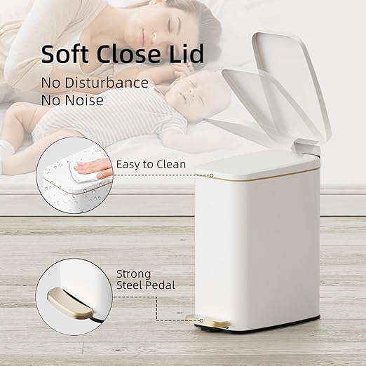 KUK Slim Bathroom Trash Can with Lid, 1.6 Gal / 6L Stainless Steel Small Garbage Bin with Detachable Inner Bucket, Step Pedal, Silent Close, Wastebasket for Toilet, Bedroom, Home, Office (White) - Image 4
